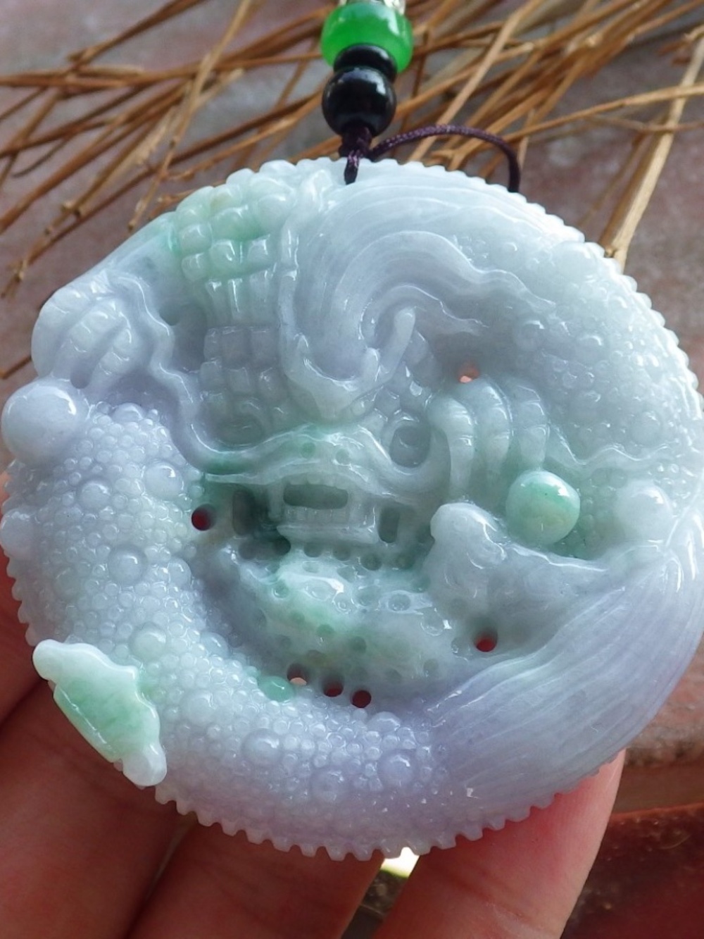 Certified Natural Burma A Jade jadeite Dragon Lotus Ruyi Pendant Necklace